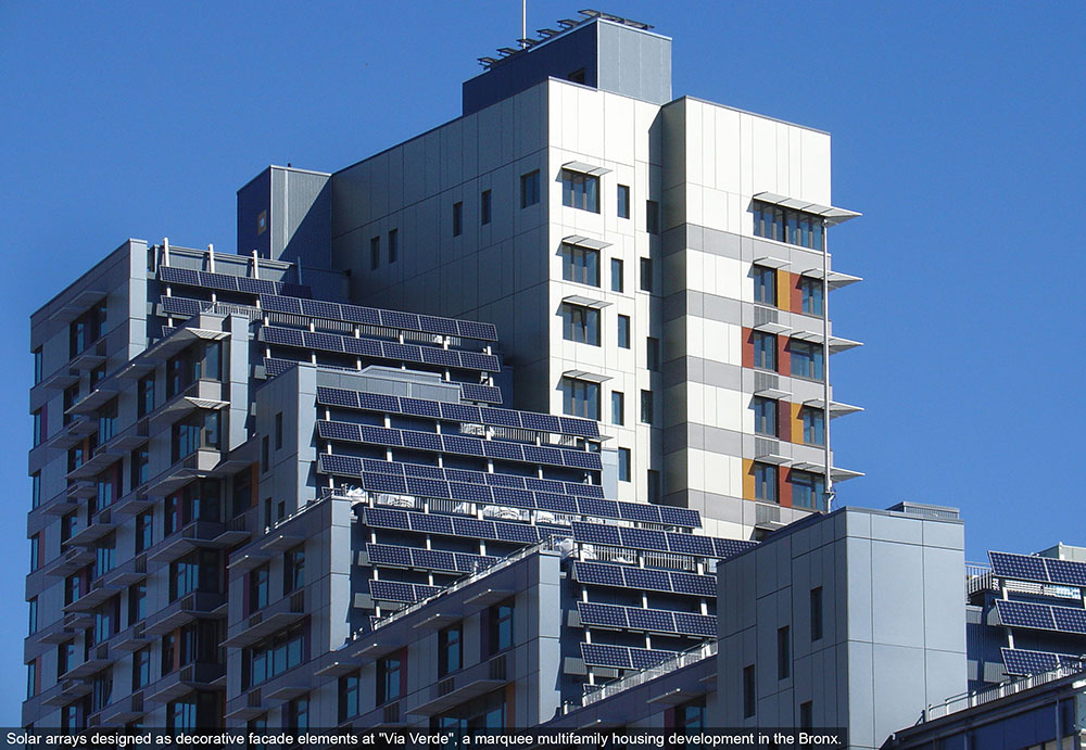 Decorative solar arrays at Via Verde in the Bronx, NY.