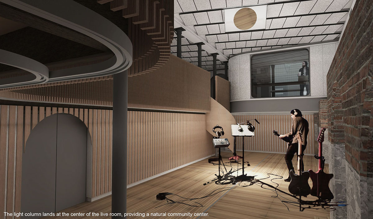 Recording studio interior view with light reflector and Neil Young.