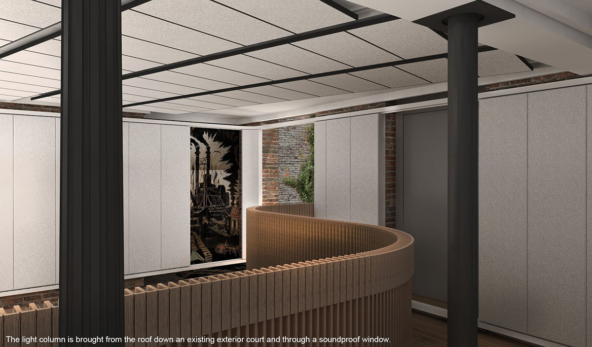 Recording studio interior view.