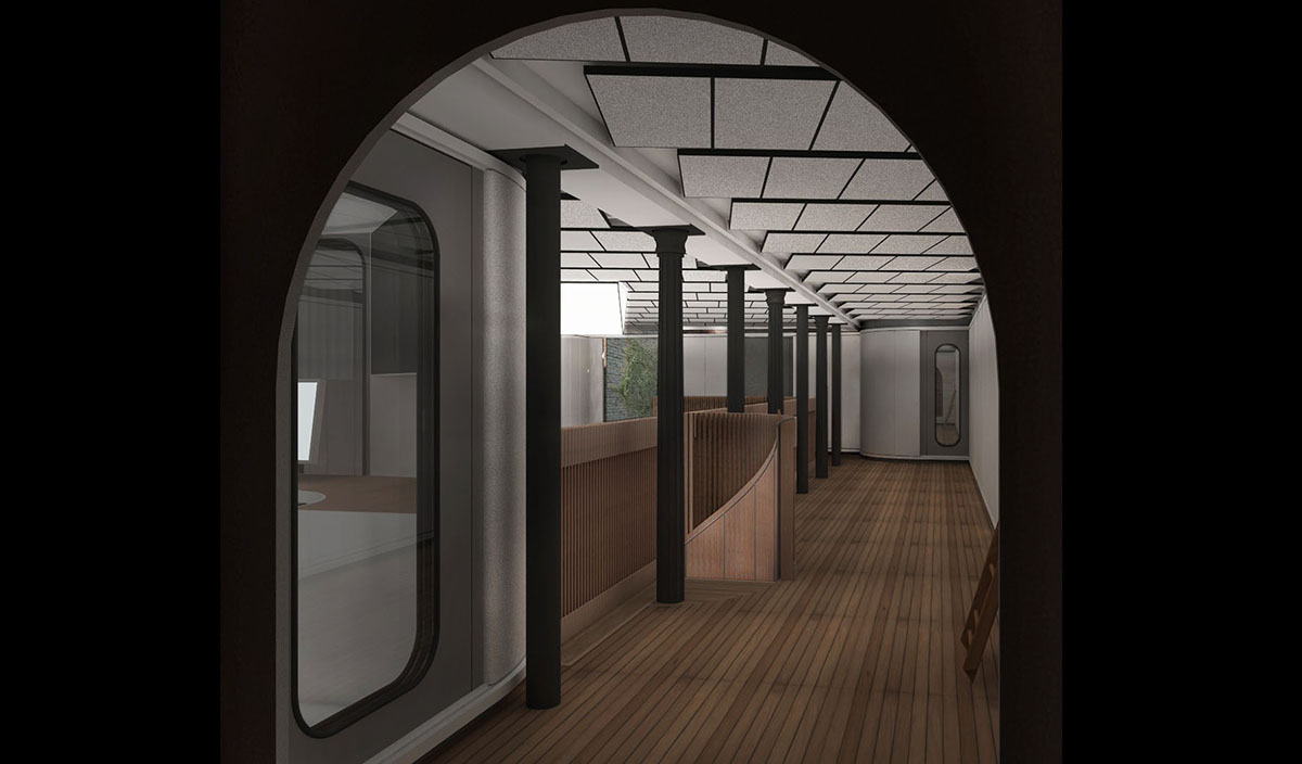 Recording studio upper level with light reflector.