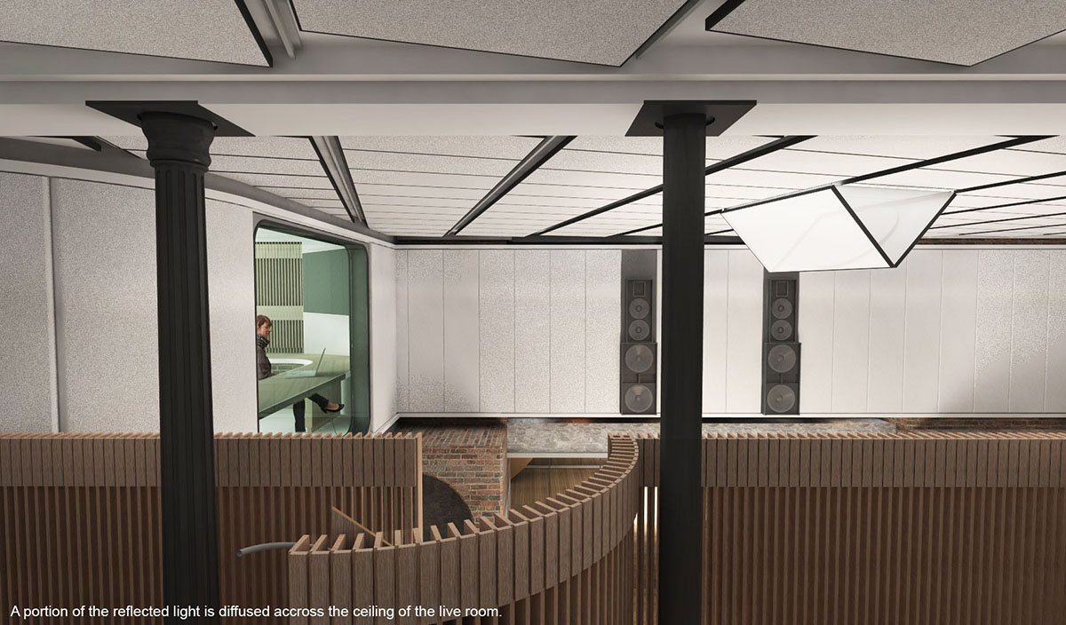 Recording studio interior view with light reflector.