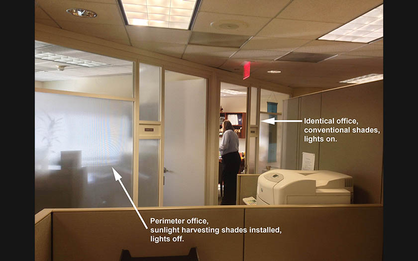 sunlight harvesting shades, reflected sunlight for office daylighting