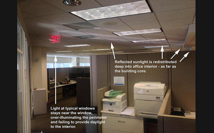 sunlight harvesting shades, reflected sunlight for office daylighting