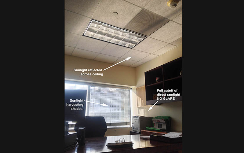 sunlight harvesting shades, reflected sunlight for office daylighting